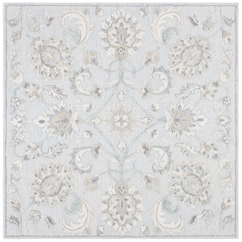 Tapis bleu / ivoire en laine touffeté à la main Zarina, Carré 6 pi