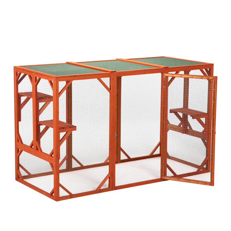 Enceinte orange pour chat avec intérieur spacieux et perchoirs réglables, cage en sapin fiable, planches imperméables
