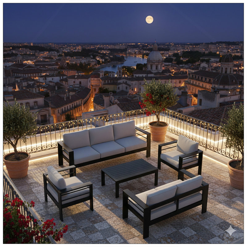Ensemble de conversation de patio 5 pièces en aluminium 5 pièces, canapé d'extérieur 7 places avec coussins gris clair épais et structure noire et table basse