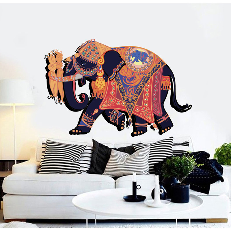 Adhésif décoratif éléphant décoratif - Autocollant mural en vinyle amovible de style indien bohémien coloré GD497