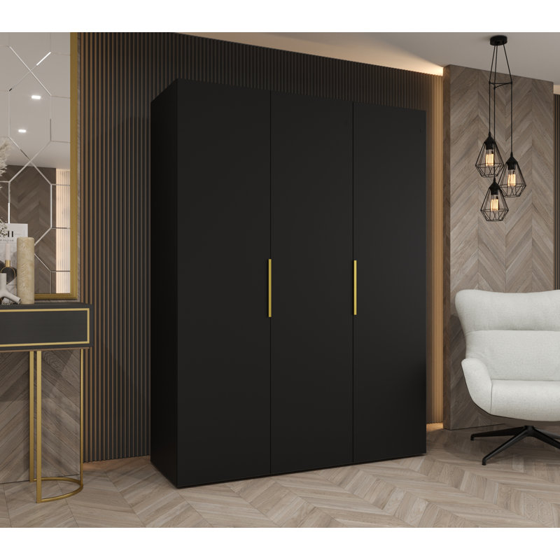 Manufactured Wood Wardrobe, black matt + handles: gold