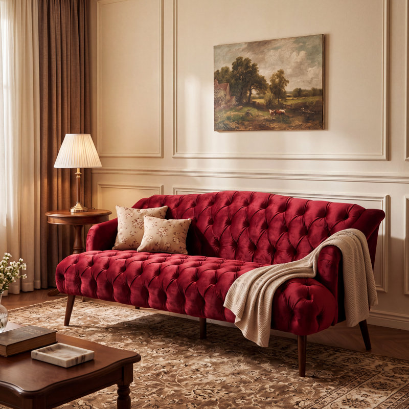 Flared Arm Sofa,Comfy 3-seat Sofa with Wooden Legs, for Living Room and Study, Wine Velvet