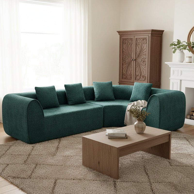 Canapé modulaire incurvé moderne en forme de L avec éponge entièrement compressée haute densité, entièrement assemblé faisant face à la droite pour un confort spacieux et une intégration harmonieuse dans le salon.