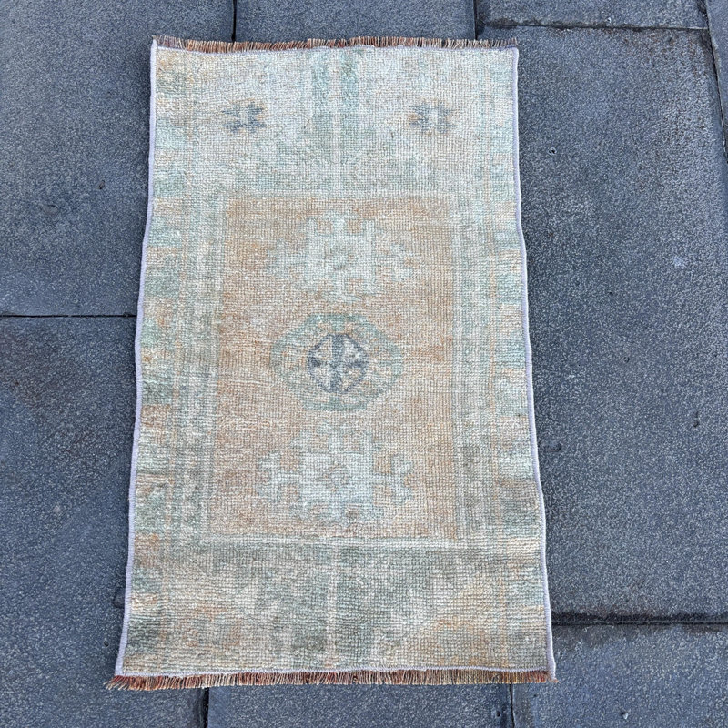 Handwoven Vintage Turkish Oushak Rug in Soft Washable Green for Entryway and Home Decor