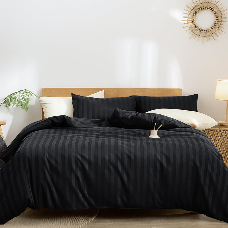 Microfiber Striped Duvet Cover Set with Matching Pillowcases & Fitted Sheet, Black Striped