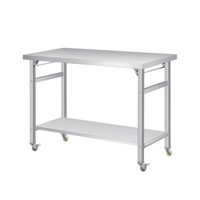 Table de salle à manger pliante robuste en acier inoxydable - Poste de travail à deux niveaux, tablette réglable, roulettes verrouillables, charge de 920 lb, pour la cuisine, le restaurant, le garage - 48 po x 24 po - avec roulettes, panneau entier à deux couches, 48 x 24 x 33,47 po