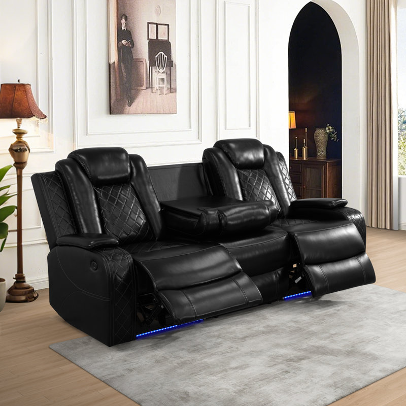 Canapé inclinable électrique 3 places avec chargement sans fil, port USB, accoudoirs de rangement et plateau rabattable, canapé en cuir haute résilience pour le salon
