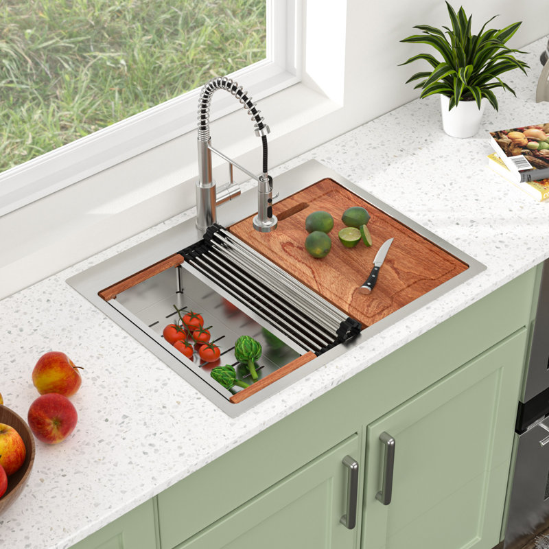 Évier de cuisine à montage sur plan à montage sur plan en acier inoxydable T304 avec planche à découper, 28"L x 22"W x 10"D