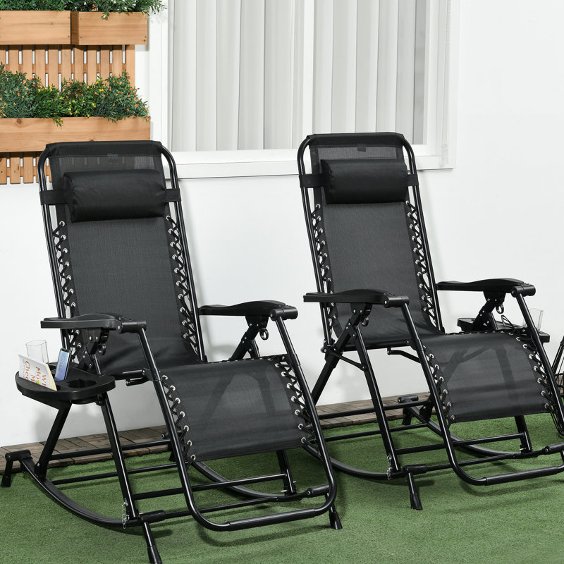 2Pcs Zero Gravity Rocking Chairs, Foldable Outdoor Lounge Recliner With Pillow, Cup Holder. Black Steel, Folding Legs Design 2 Pieces Reclining Rocker & Phone Holder, Black, Strong Steel Frame,