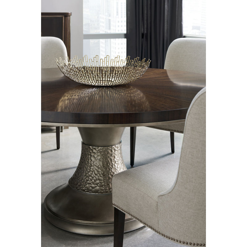 Round Brown and Gold Wood Dining Table for Six