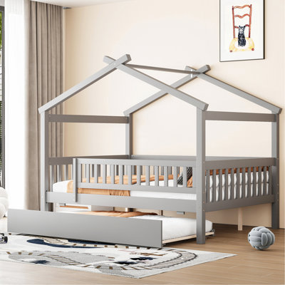 Lit double en bois avec lit gigogne simple, gris