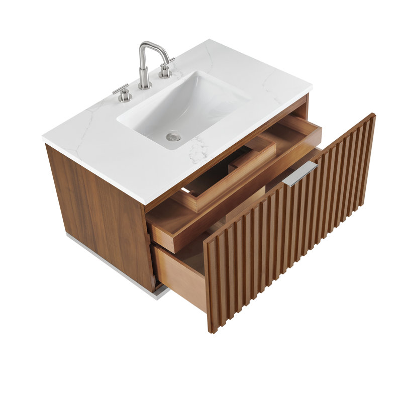 Terra 36'' Single Bathroom Vanity with Top, Walnut, White Granite, Satin Brass
