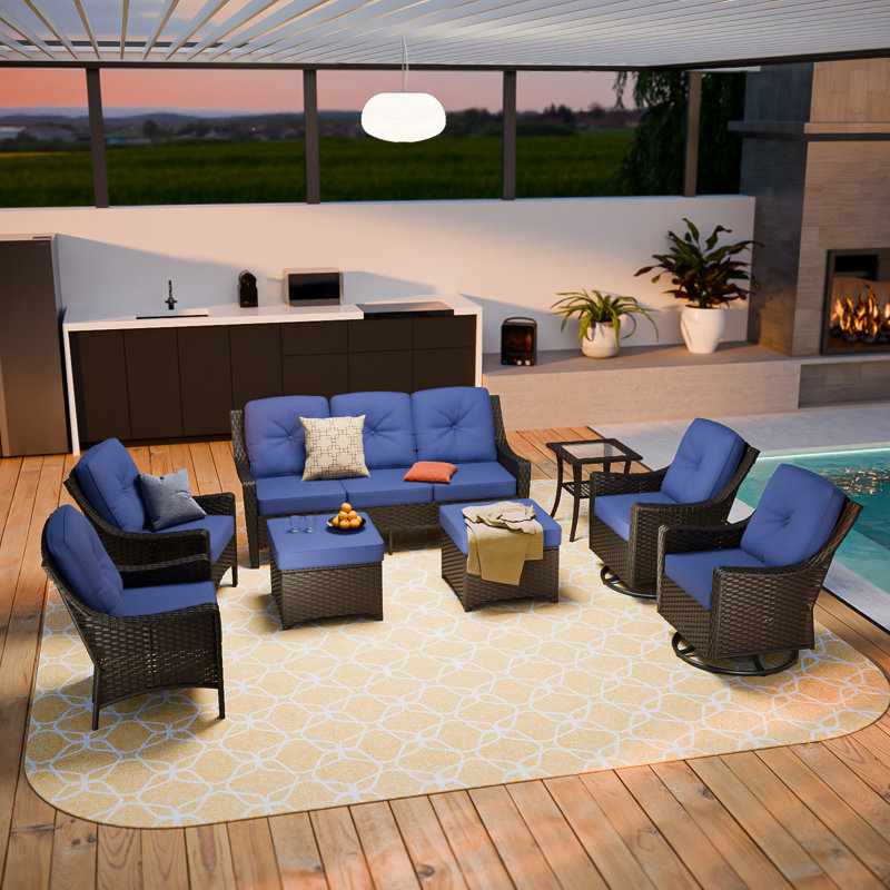 8-Piece Outdoor PE Brown Wicker Rattan Wide Armrest Swivel Glider Conversation Set Sofa Seating Group Patio with Olefin Thick Cushions