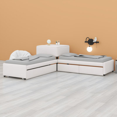 Modern L-Shape Platform Bed with Desk, Trundle & Drawers