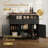 Farmhouse Kitchen Island with Bead Drape, Power Outlet, Drop Leaf & Hidden Wheels, Black-1053968744