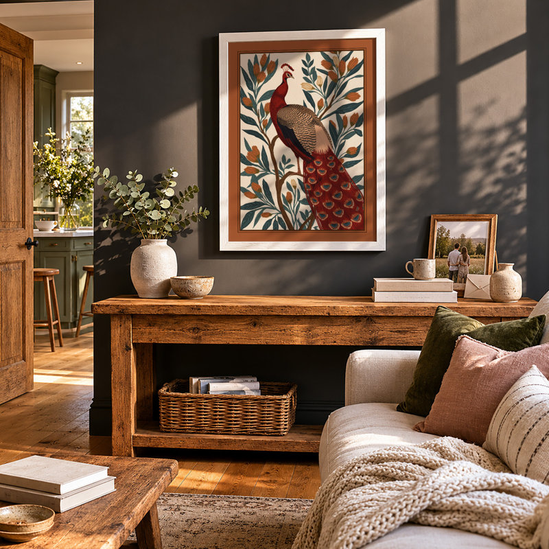 Ornamental Peacock Boho - Framed Print, A3 - 42.0 x 29.7 cm, White