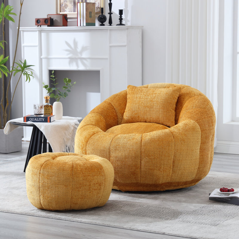 Watban 41.3'' Wide Tufted Chenille Compression Barrel Accent Chair and Ottoman, Yellow Chenille