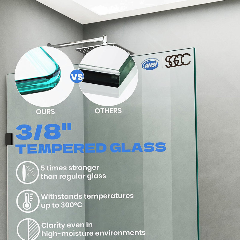 Panneau de douche en verre trempé de 32 po x H 72 po, panneau de douche en verre fixe sans cadre avec pinces, porte de douche en verre trempé de 3/8 po (10 mm)