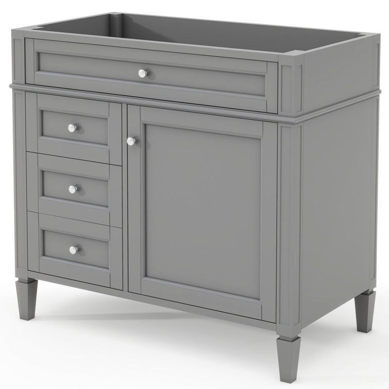 Meuble-lavabo 36 po sans lavabo supérieur, armoire de rangement moderne avec 2 tiroirs et tiroir basculant. Bois massif. Solide. Gris. Rangement de porte H 33 po x l 18 po, espace fonctionnel. Style simple. Facile à