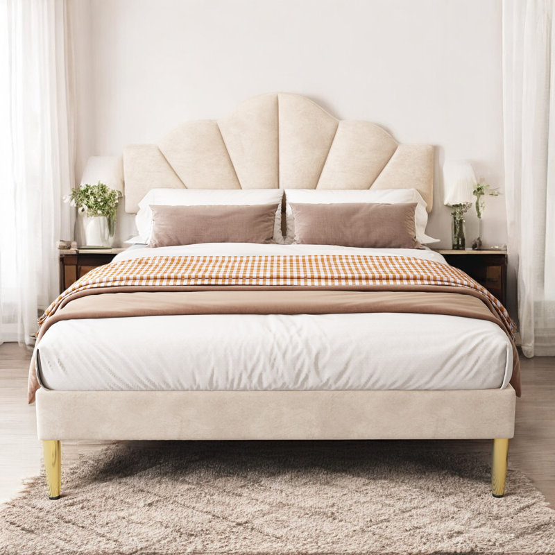 Aarna Velvet Upholstered Bed, Beige, Double (140 x 195 xm)