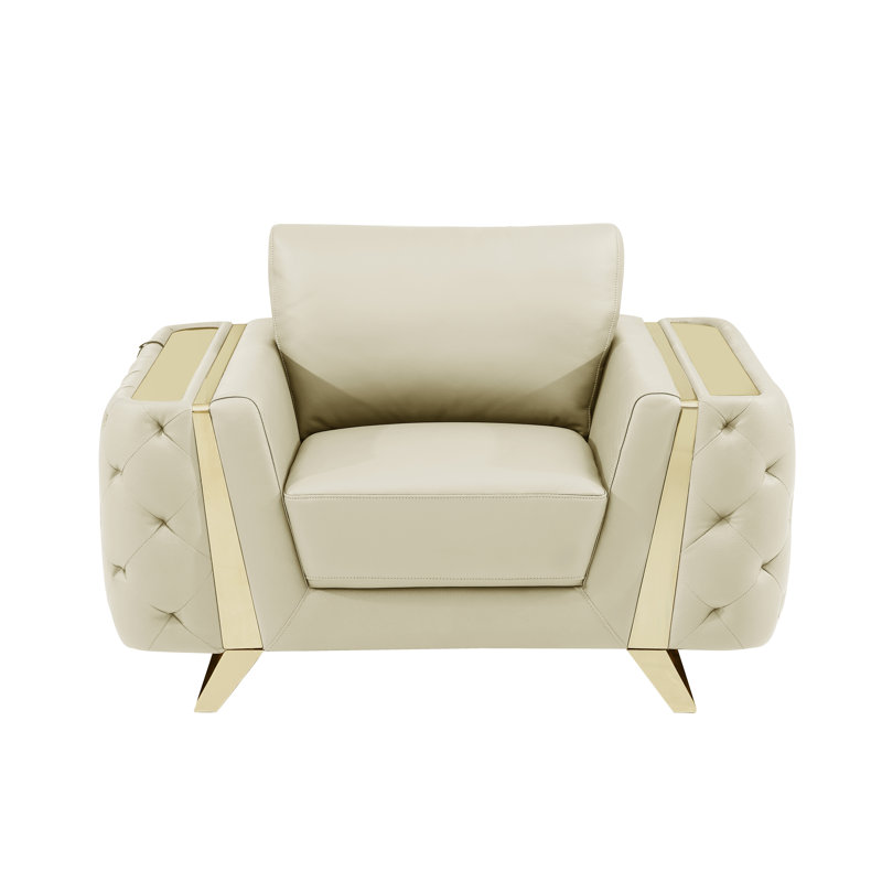 Fauteuil en cuir italien Anissa, Cuir véritable beige, Or