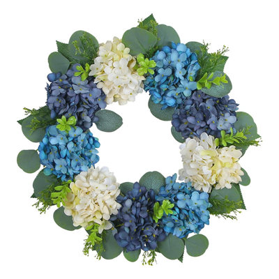 15.7 Inch Artificial Hydrangea Front Door Wreath, Blue & White Silk Flower Wreath with Eucalyptus Leaves for Spring Home Wall Decor