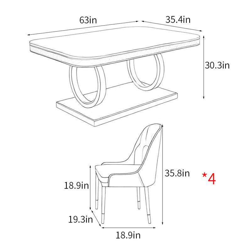 Ensemble de table de salle à manger rectangulaire de luxe de style italien, H 30,3 po x L 63 po x l 35,4 po, Blanc