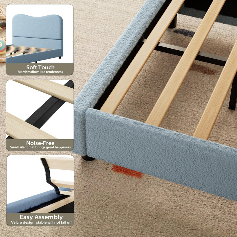 Low Profile Sturdy Platform Bed, With Velvet Upholstered Headboard, Strong Wooden Slats, Blue, Twin