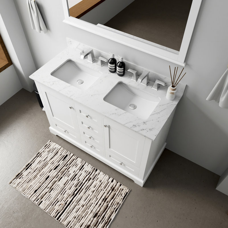 Meuble-lavabo double blanc 48 po L, mécanisme de fermeture en douceur pour une utilisation silencieuse, deux armoires, six tiroirs et une tablette, évier en contreplaqué de bois massif assemblé avec contreplaqué x P 22 po avec rangement fermé, ouvert