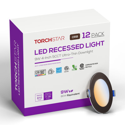 Luminaire encastré mince à DEL Core de 4 po avec boîte de jonction, plafonnier sans boîtier, 5 CCT 2700K-5000K sélectionnable, 810 lm 9 W, IRC 90+, intensité variable, étanche à l'air (norme IC), résistant à l'humidité, finition bronze huilé