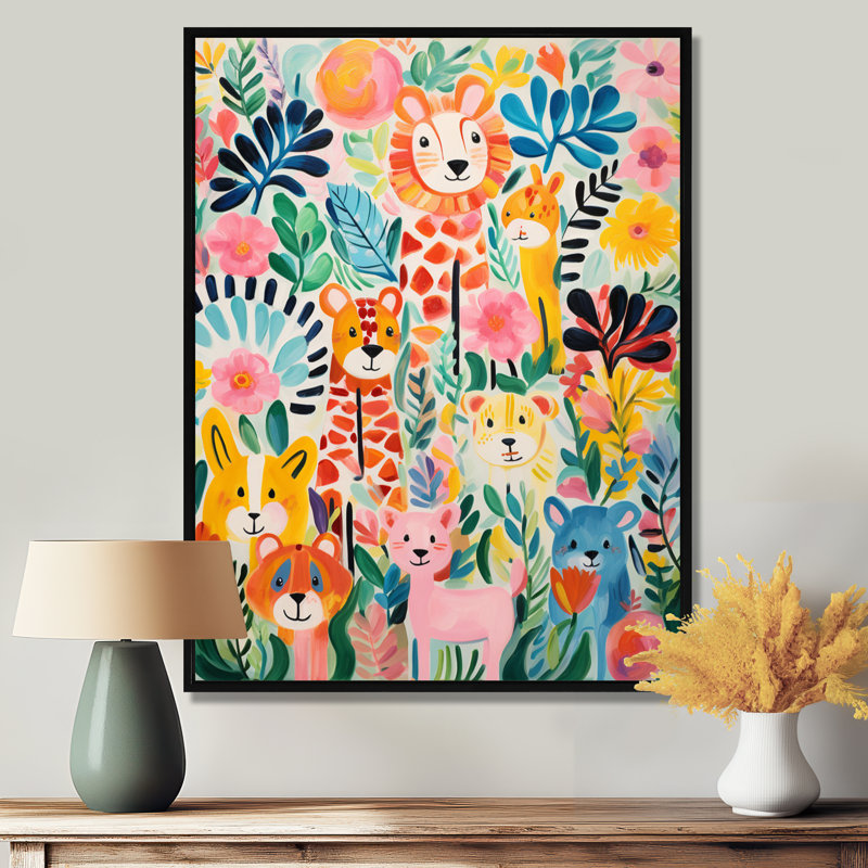 Motif d'animaux de chambre de bébé coloré IV - reproductions encadrées, Cadre flottant noir, H 32 po x l 16 po x P 1 po
