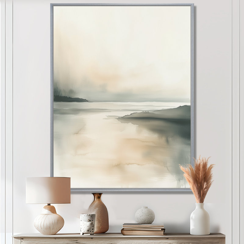 Art mural vert bord de mer, toile horizon doux, horizon doux bord de mer, H 32 po x l 16 po, Encadrement argenté