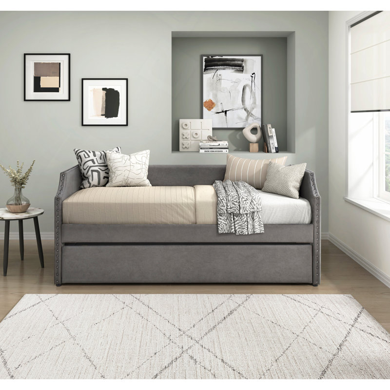 Daybed With Trundle Textured Fabric Upholstered Wooden Furniture 1Pc, Daybed In A Box, Dark Gray