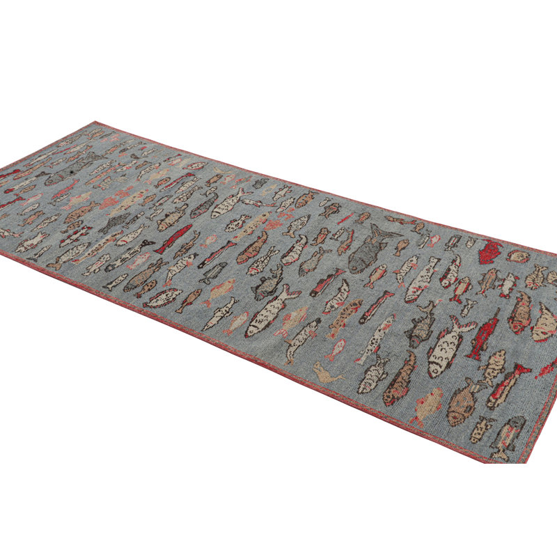 Rug & Kilim’S Custom Runner Rug In Blue With Colorful Fish Pictorials, Runner 3' x 14'