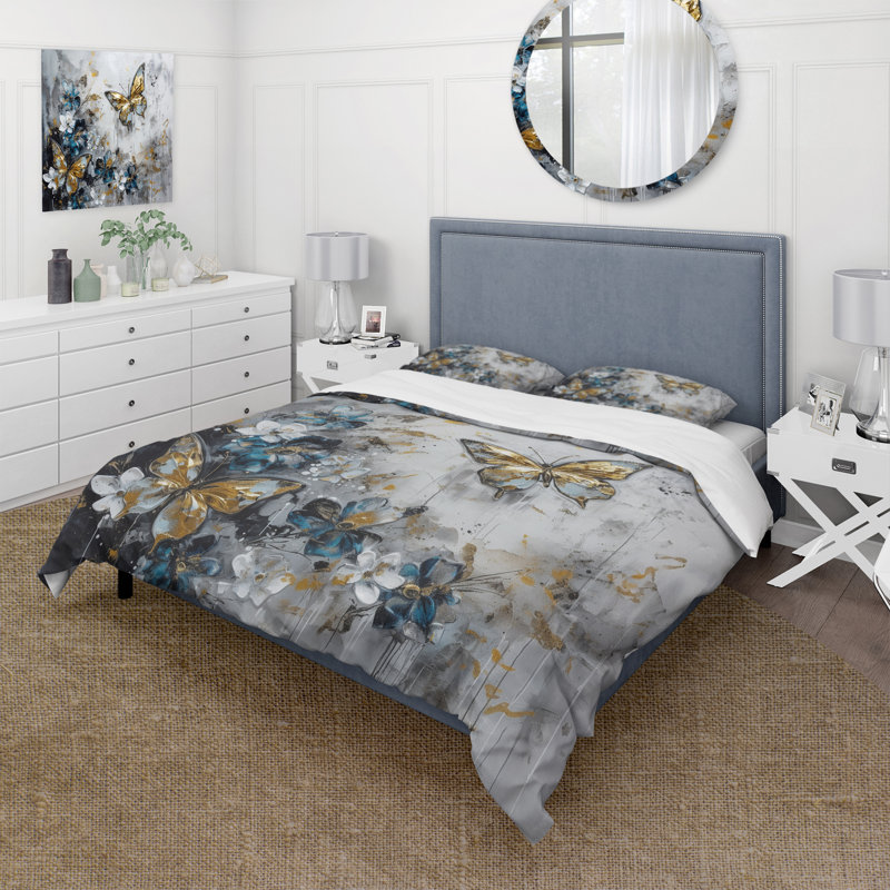 Ensemble de housse de couette en microfibre / polyester Golden Blue Butterfly Wings And Flowers III