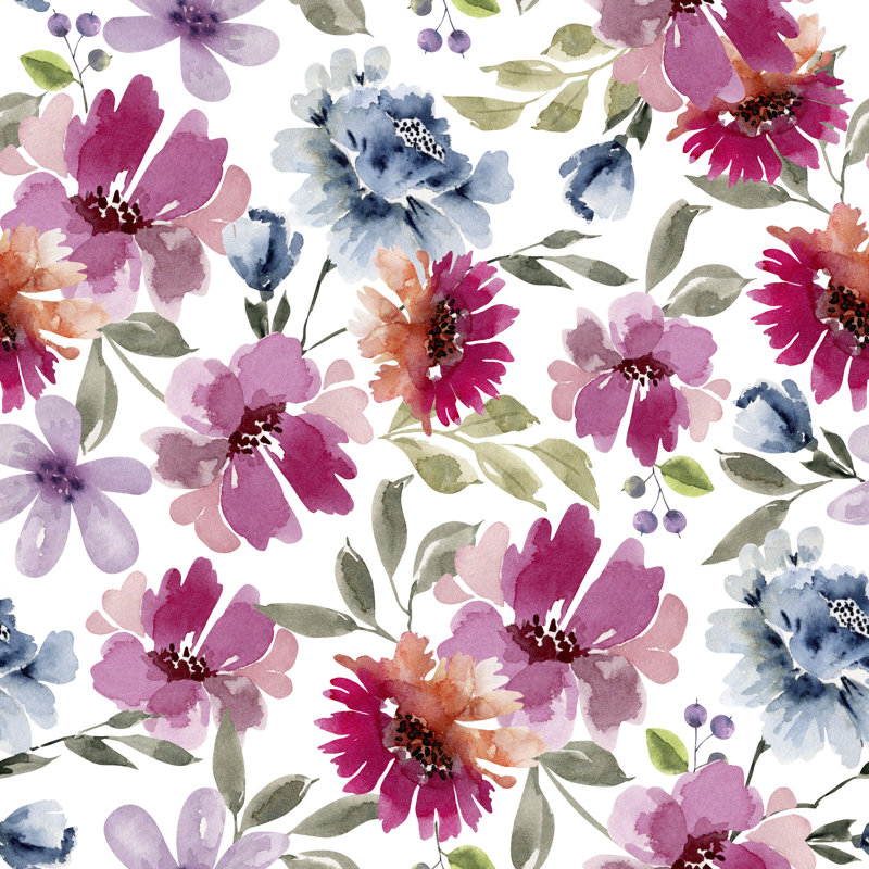 Fleurs roses et bleues, H 12 po x l 12 po