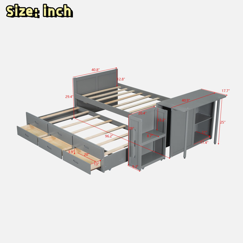 Lit plateforme multifonctionnel en bois avec bureau et tablettes de rangement, lit gigogne intégré et 3 tiroirs, Gris