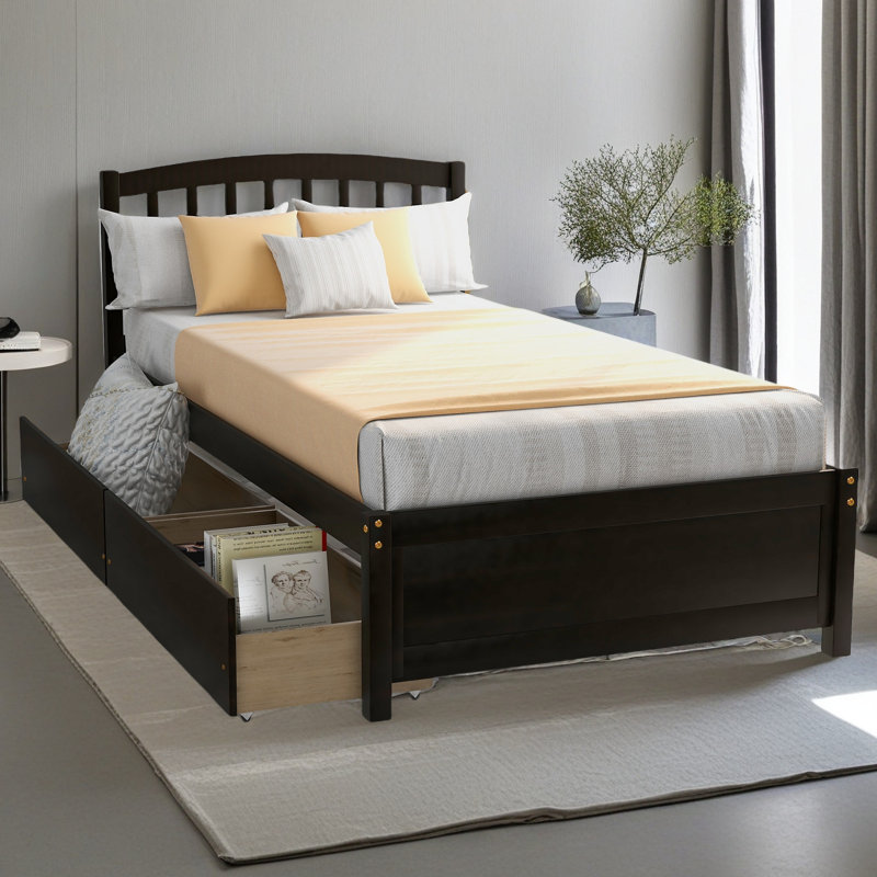 Twin Platform Storage Bed Wood Bed Frame With Two Drawers, Espresso