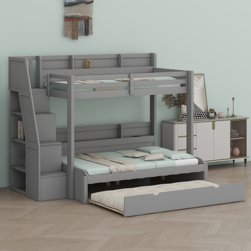 Lit mezzanine peu encombrant avec marches de rangement, lit gigogne caché, tablettes, lumières DEL RVB et prises USB, Gris