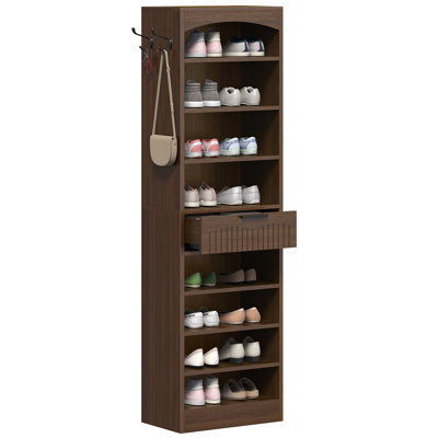 Freestanding Tall Shoe Storage Cabinet, 8-tier Shoe Rack Shoe Organizer with 2 Hooks and Drawer
