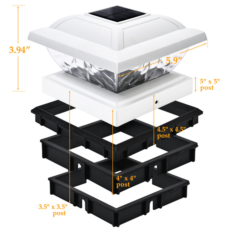 White Low Voltage Solar Powered Integrated LED Fence Post Cap Light 3.5 In. X 3.5 In. with Base Adapter Included Pack