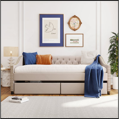 Upholstered Daybed With Two Drawers, Wood Slat Support, Beige, Full Size