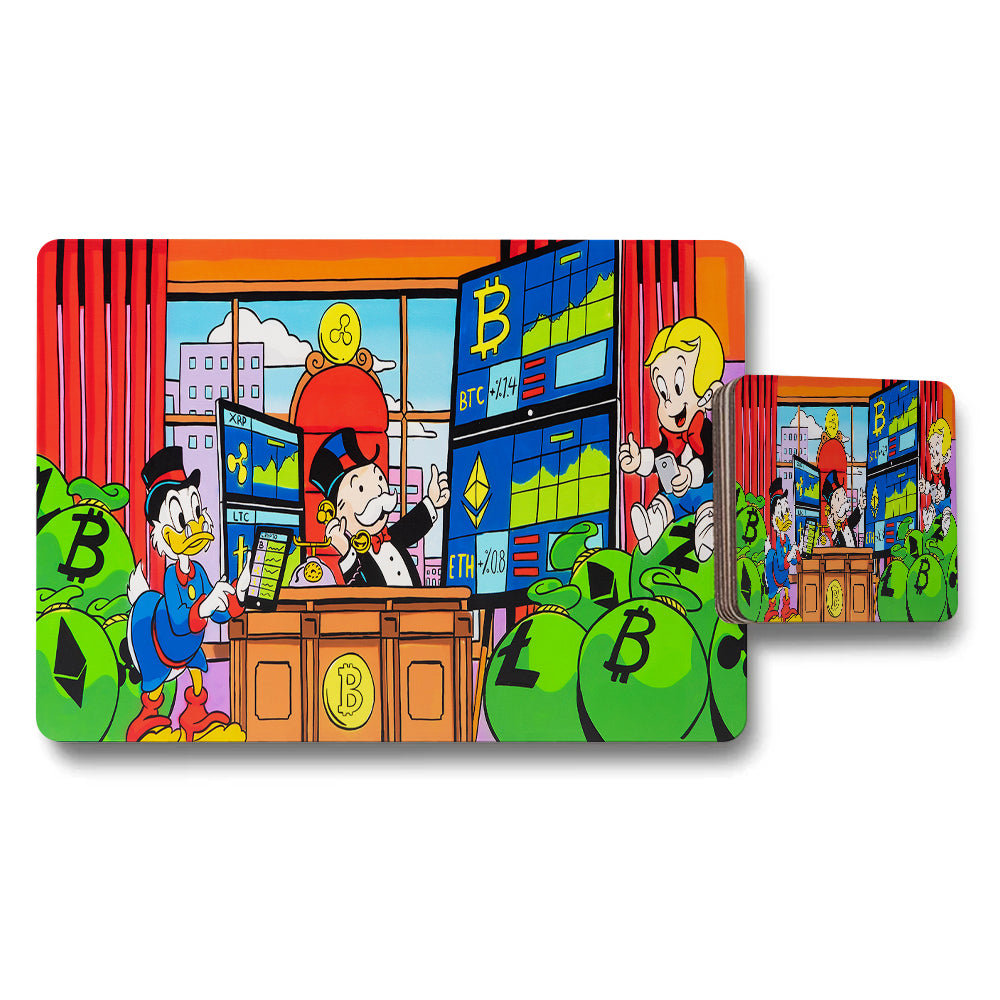 Bitcoin Themed Placemat And Coaster Set With Cartoon Characters