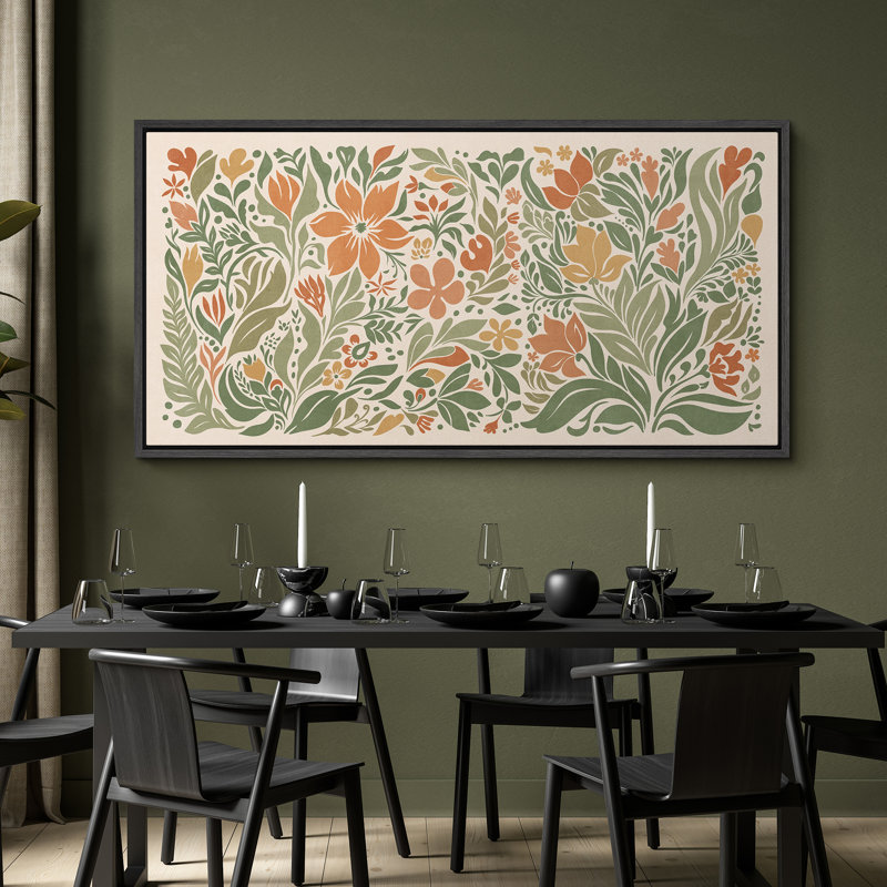 Folk Art, jardin floral, art moderne, H 30 po x l 60 po, Noir, noir, noir, noir
