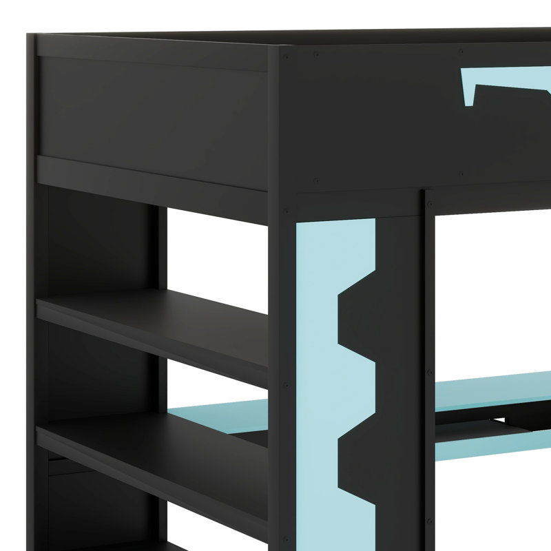 Gaming Loft Bed With Built-In Desk, RGB Lighting, Power Outlet And Storage Drawer, Blue