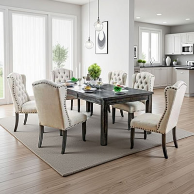 Ensemble de table de salle à manger et de fauteuils à oreilles Bega, lin beige, bois noir