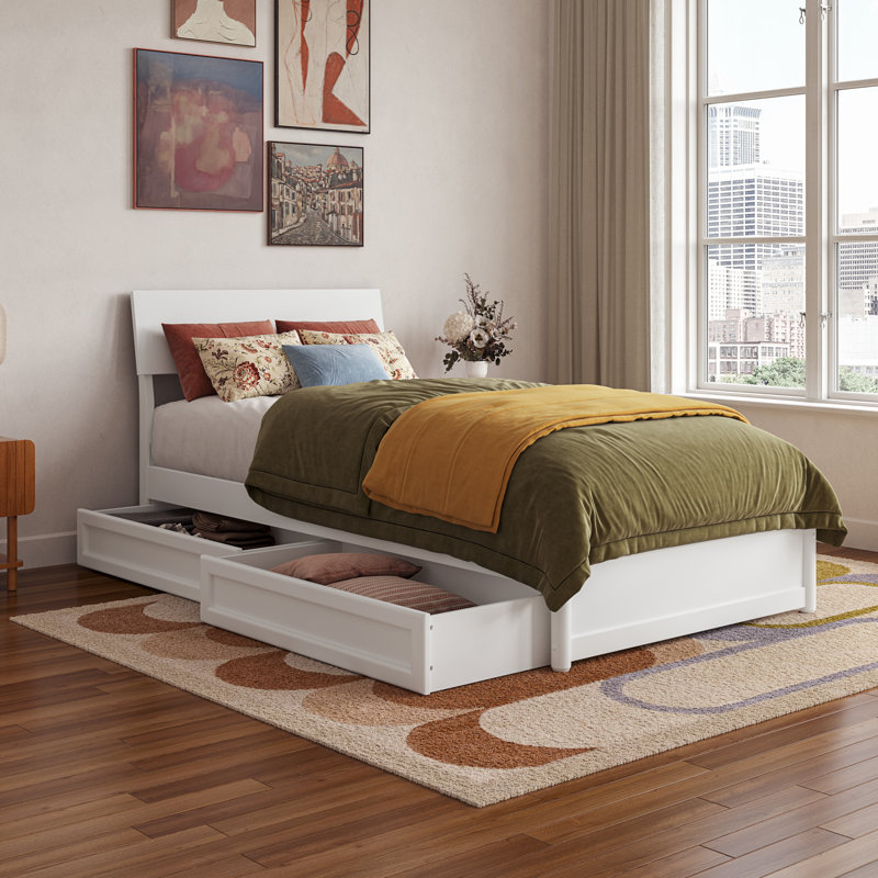 Lit plateforme en bois avec tiroirs de rangement Norla, Twin XL, White