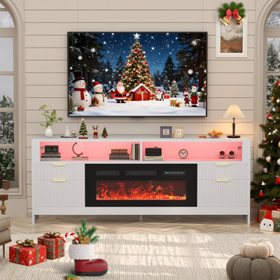 70" Modern Tv Stand With Electric Fireplace And Led Lights, Entertainment Center With Large Storage, White