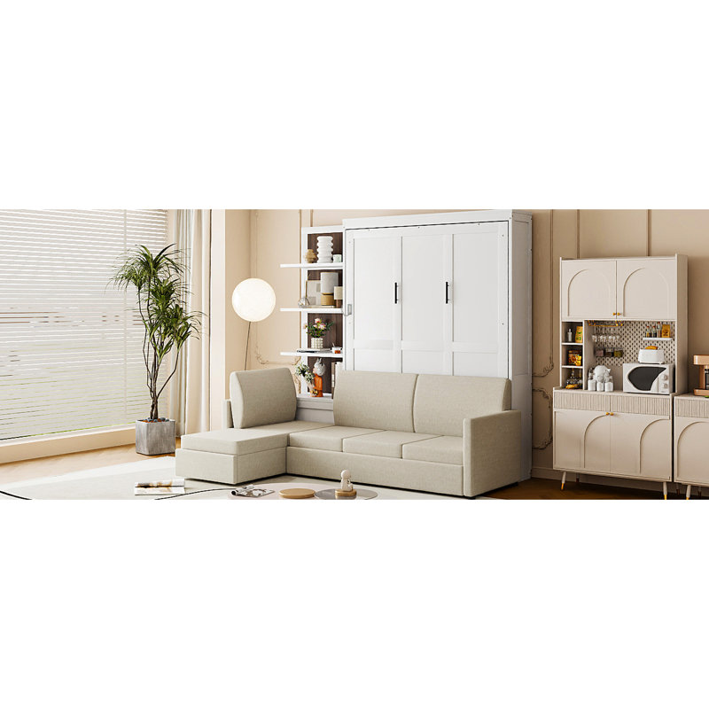 Grand lit mural avec tablettes, finition blanche, multifonctionnel pour les petits espaces divers, espace de rangement pratique - économie d'espace, conception efficace