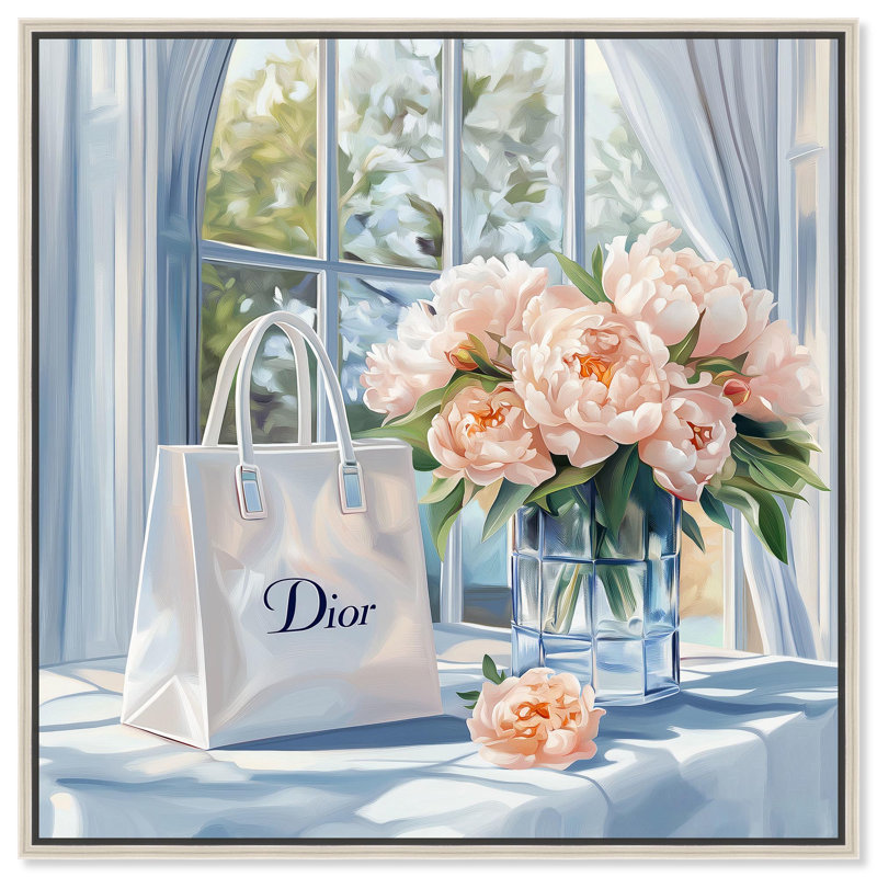 Sac et pivoines, toile par Art Remedy, H 13 po x l 13 po, Noir, Cadre flottant